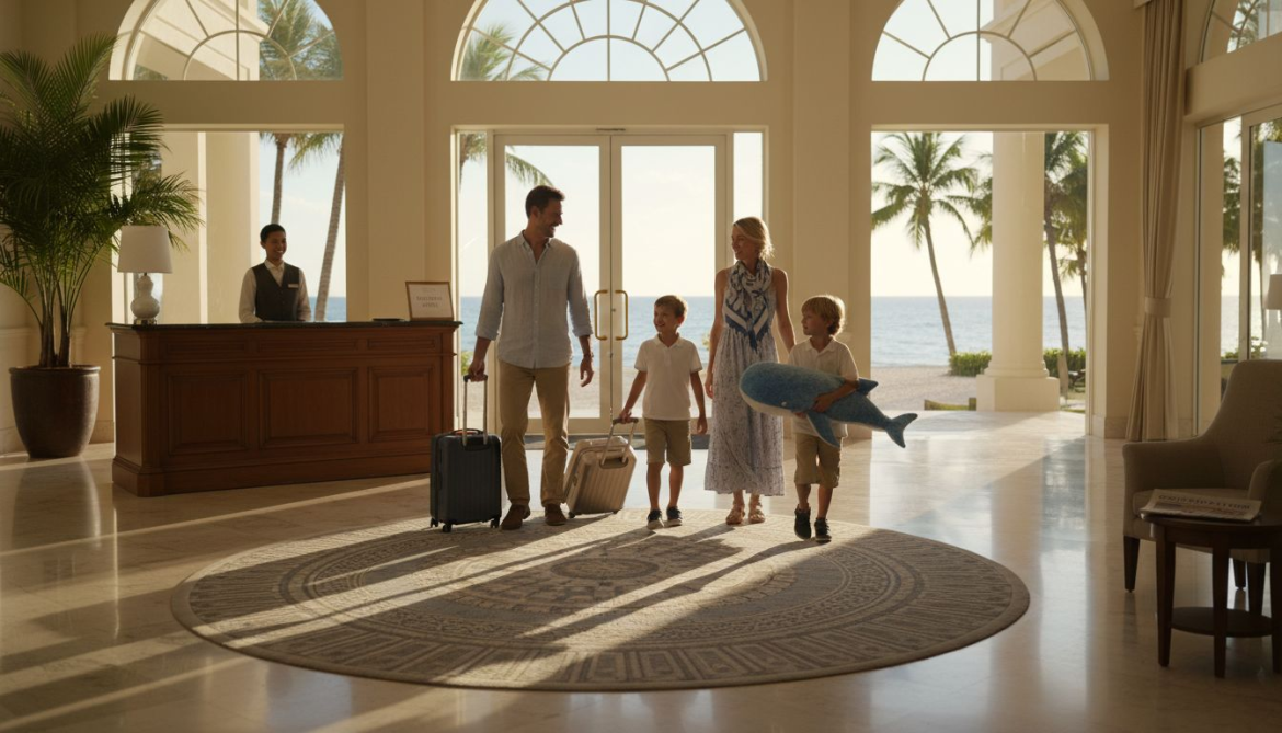 Family arriving at luxury resort lobby