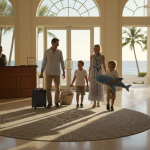 Family arriving at luxury resort lobby