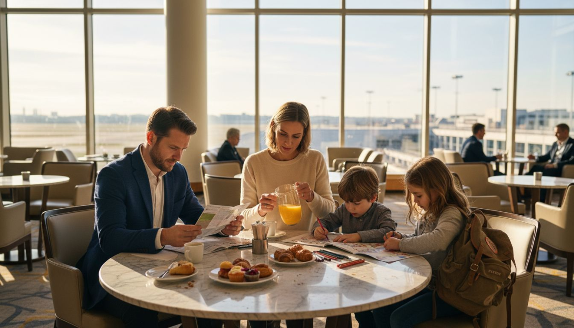 Family sharing breakfast in airport lounge