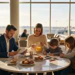 Family sharing breakfast in airport lounge