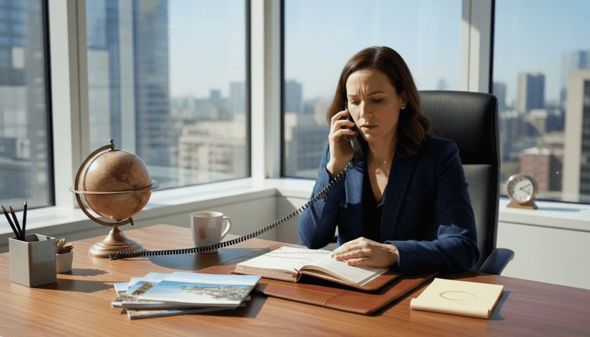 Travel advisor in bright luxury office setting