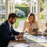 Family planning luxury trip at dining table