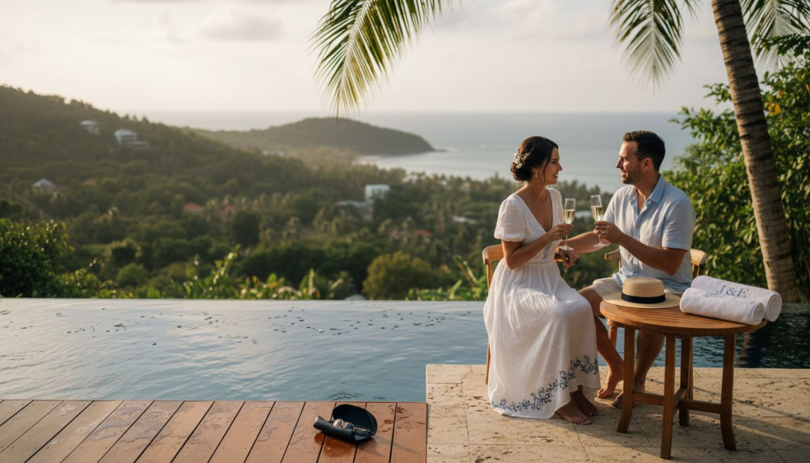 Couple relaxing at luxury honeymoon pool