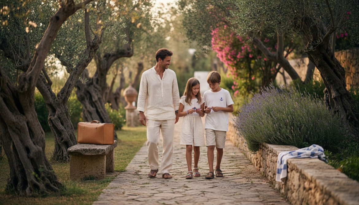 Family enjoying luxury Mediterranean villa garden