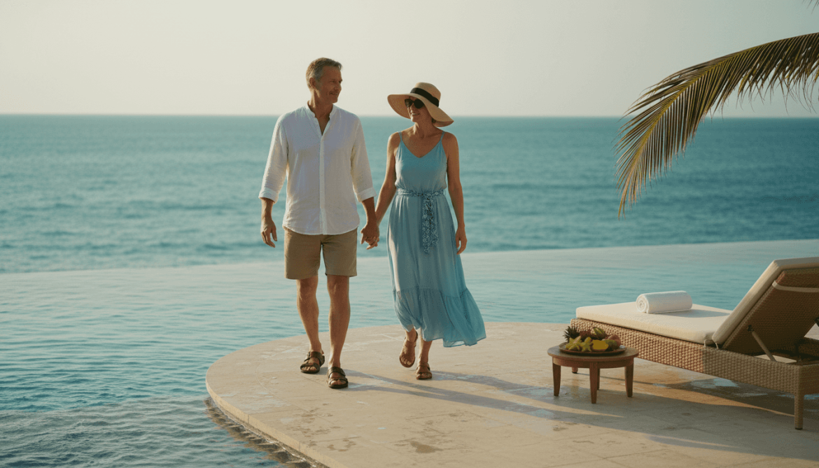 Luxury travelers relaxing at seaside villa