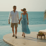 Luxury travelers relaxing at seaside villa