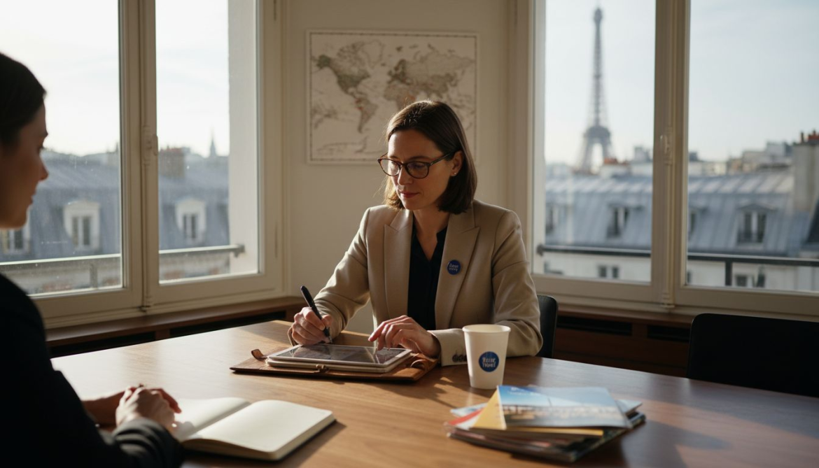 Advisor reviewing luxury travel itinerary in office