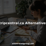 Woman comparing travel platforms at table