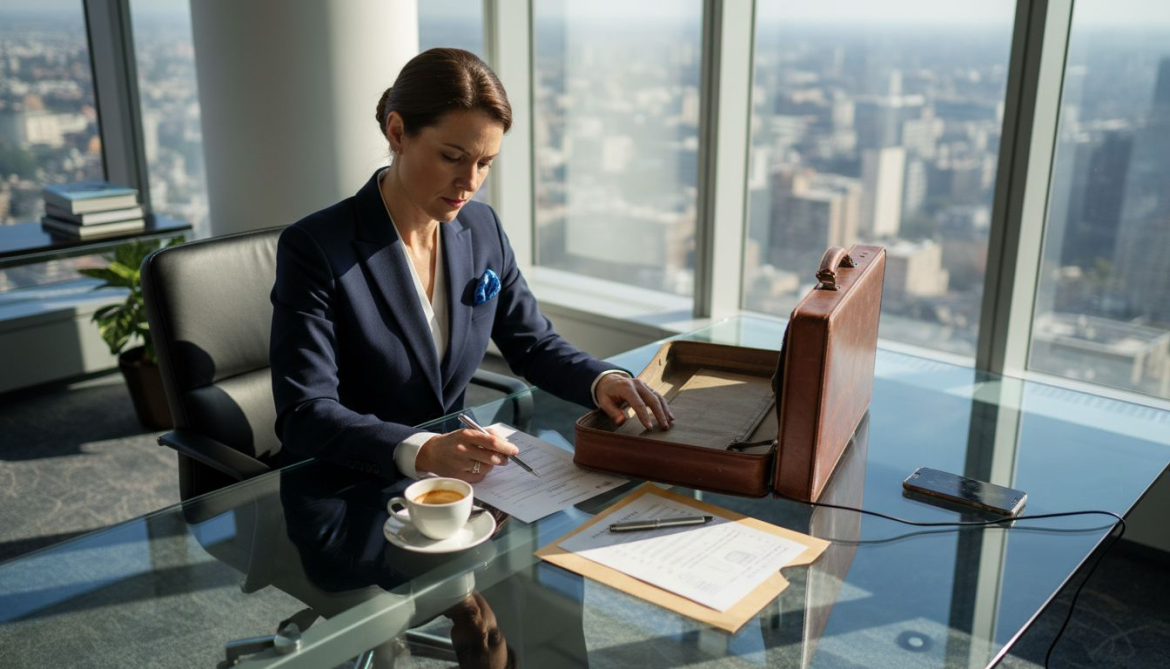 Executive checking luxury travel checklist in corner office