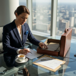 Executive checking luxury travel checklist in corner office