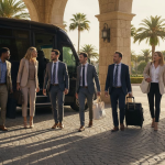 Team arriving at luxury resort entrance for incentive trip