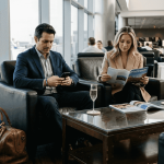 Luxury travelers relaxing in airport lounge