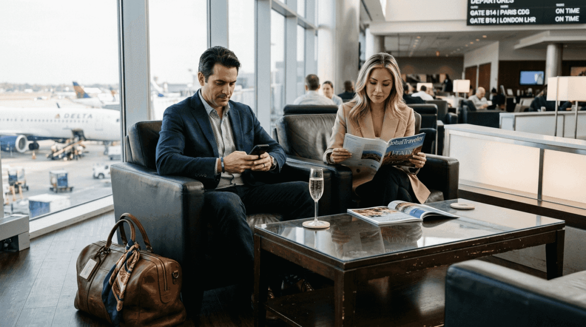 Luxury travelers relaxing in airport lounge