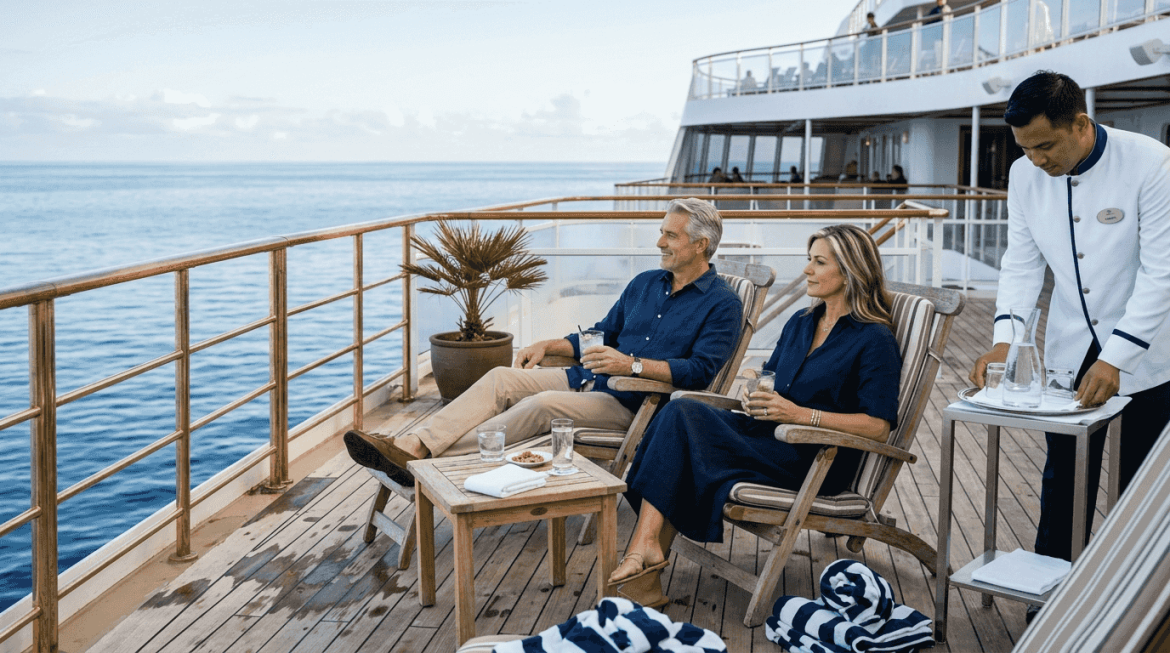 Couple relaxing on luxury cruise deck