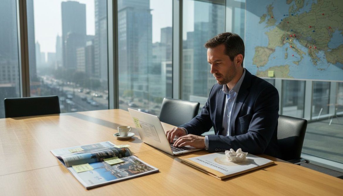 Corporate manager planning group travel at office