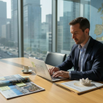 Corporate manager planning group travel at office