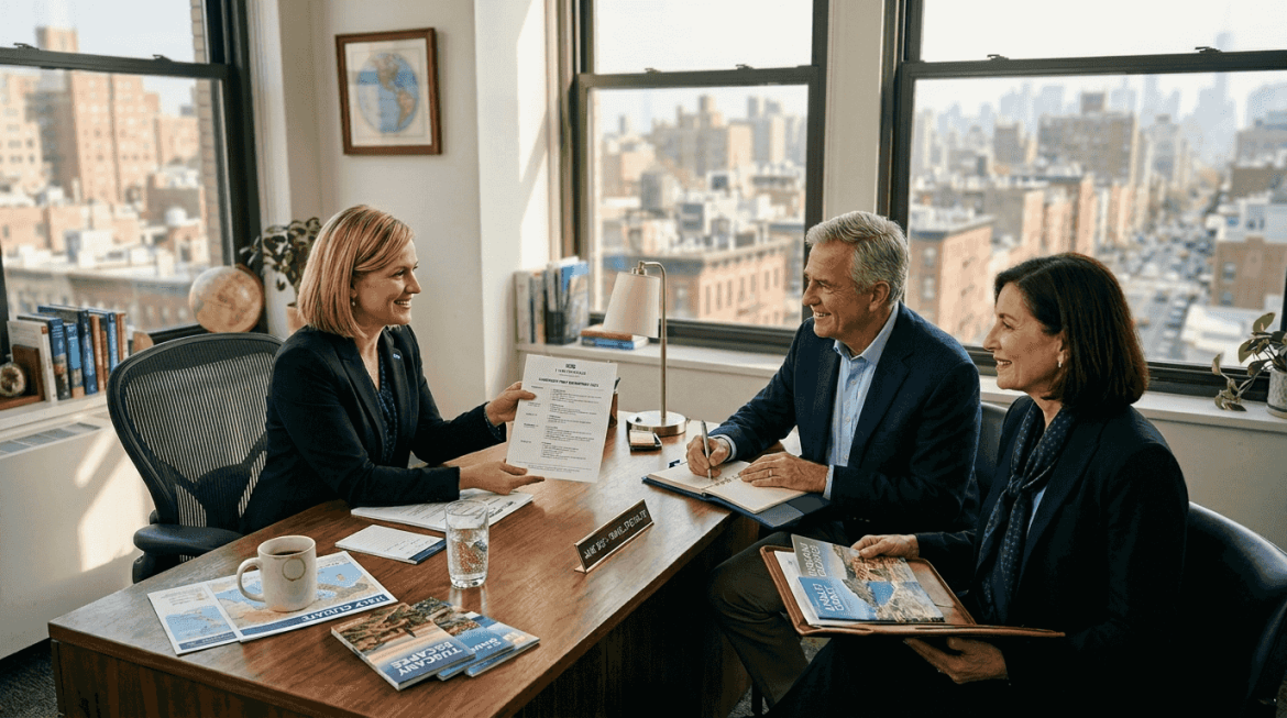 Luxury travelers consulting trusted travel advisor