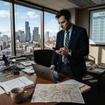 Corporate travel manager with itineraries in office