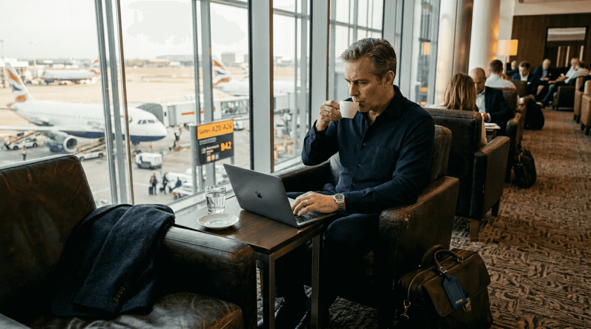 Executive working in luxury airport lounge