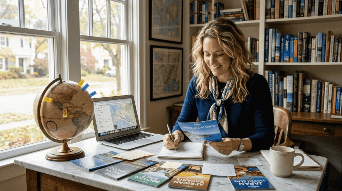 Travel advisor planning a luxury trip at desk