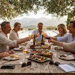 Luxury group travelers share gourmet meal outdoors