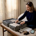 Woman organizing luxury travel packing on bench