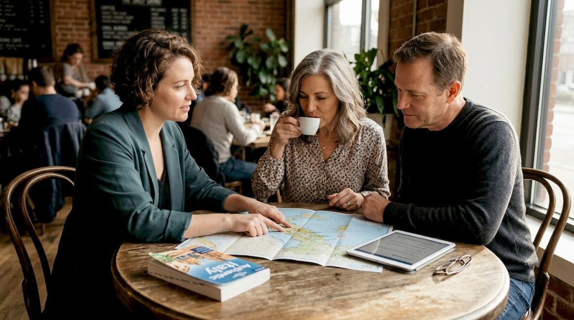 Travel advisor discussing trip with clients in café