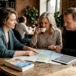 Travel advisor discussing trip with clients in café