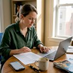 Travel planner working at kitchen table