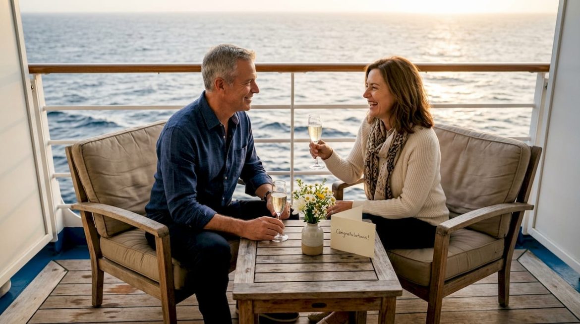 Couple celebrating on cruise ship balcony