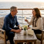 Couple celebrating on cruise ship balcony