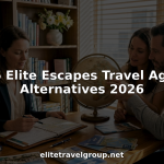 Travel consultant reviews luxury trip plan with clients