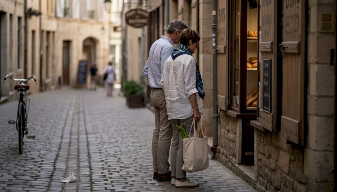 Travelers exploring authentic local European street