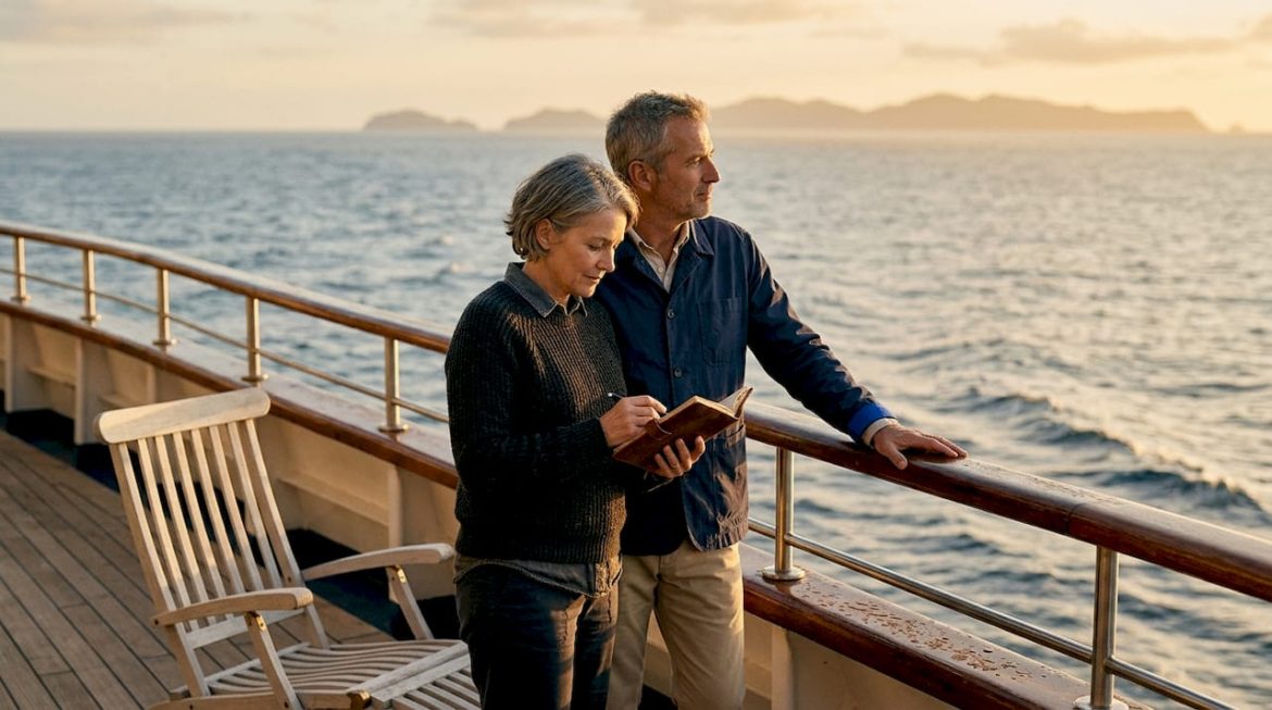 Couple on cruise ship deck at sunset