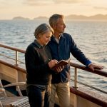Couple on cruise ship deck at sunset