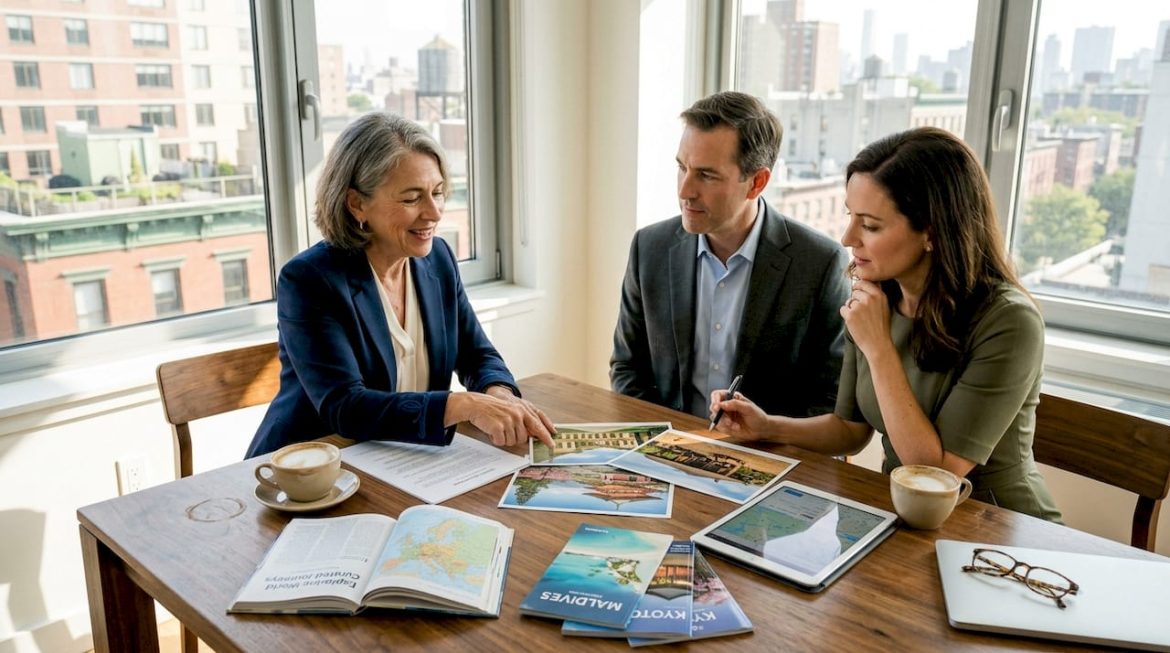 Travel planner discussing itinerary with clients