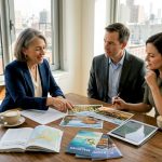 Travel planner discussing itinerary with clients