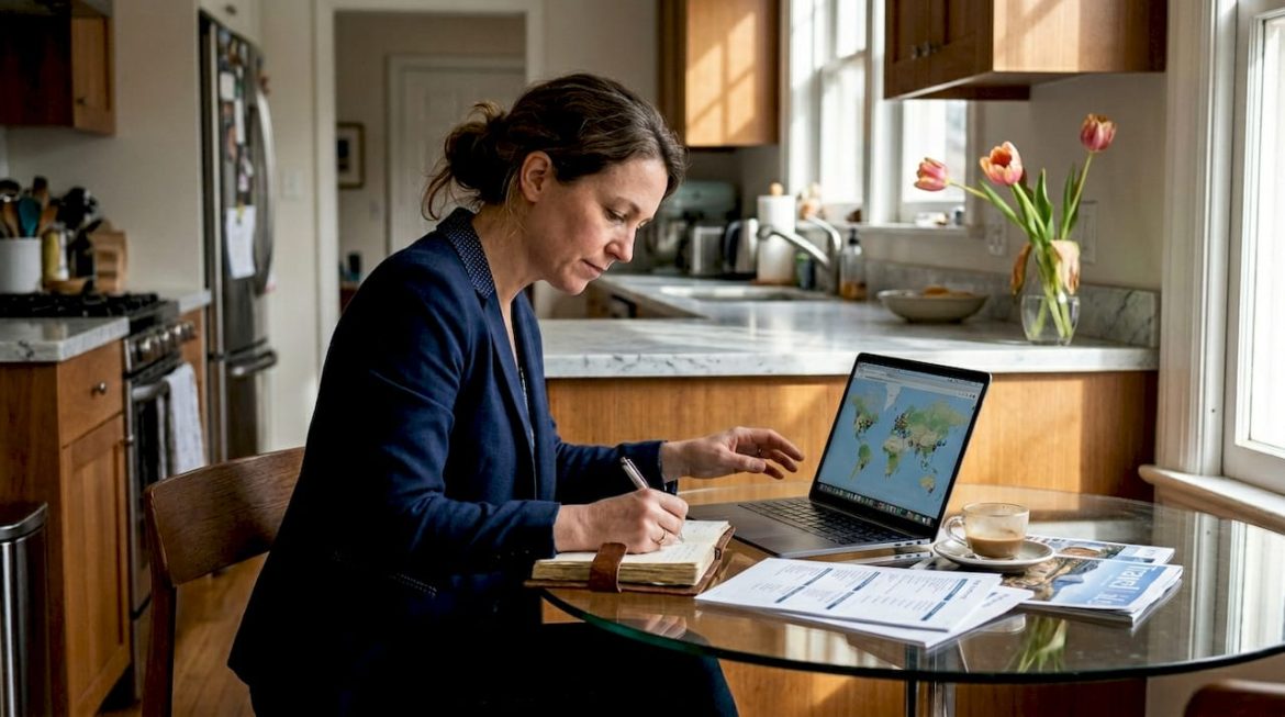 Travel advisor planning luxury journey at kitchen table