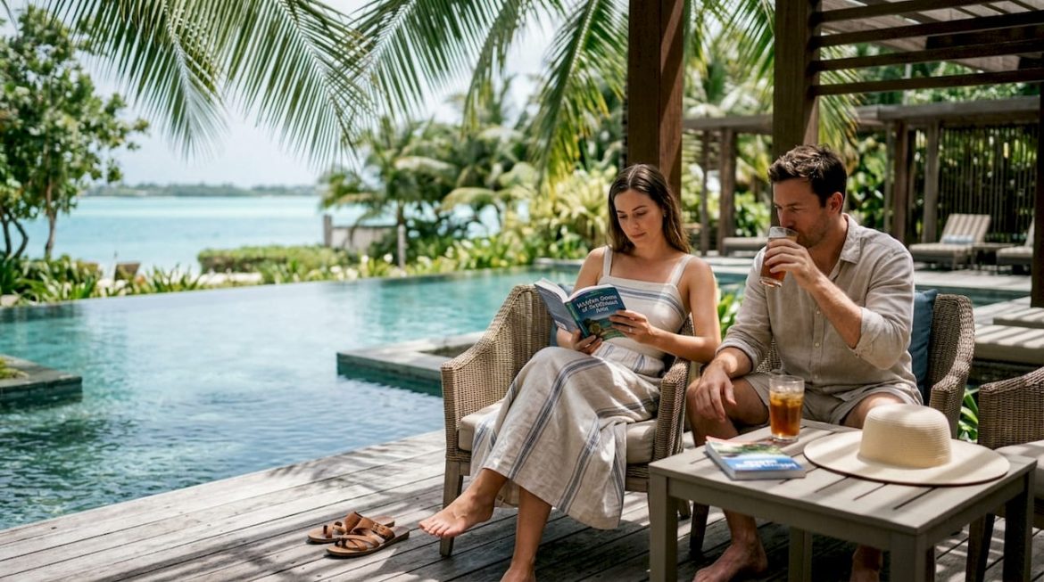 Couple relaxing at luxury resort terrace