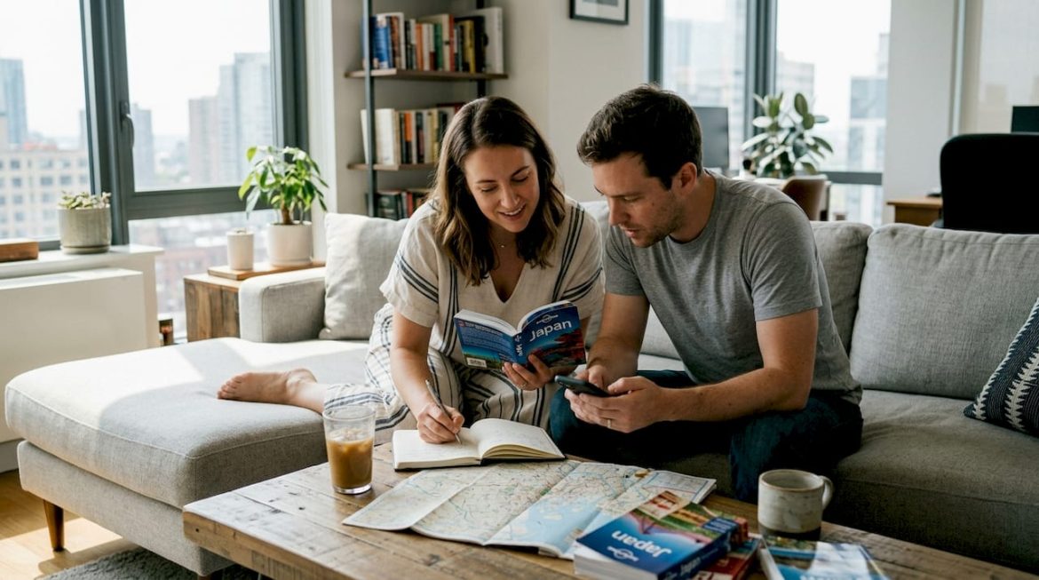 Couple planning honeymoon on living room sofa
