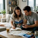 Couple planning honeymoon on living room sofa