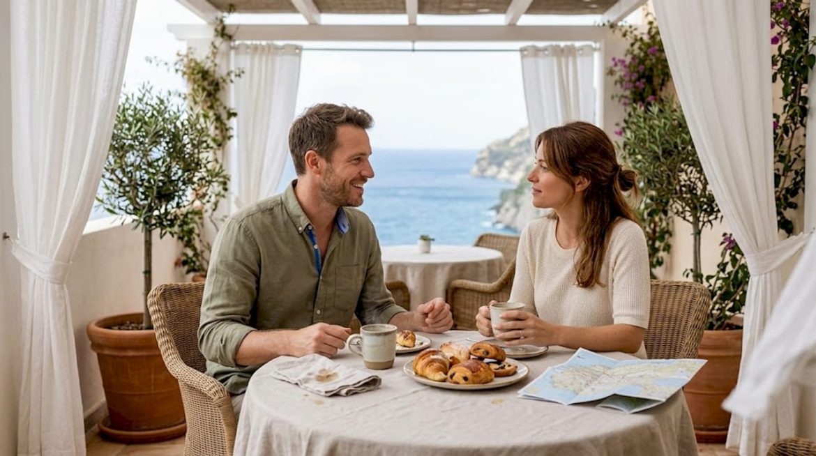 Couple enjoying luxury honeymoon breakfast on terrace