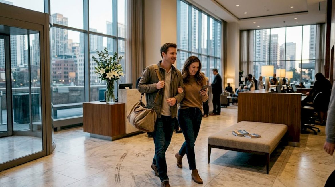 Couple arriving in elegant hotel lobby
