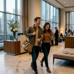 Couple arriving in elegant hotel lobby