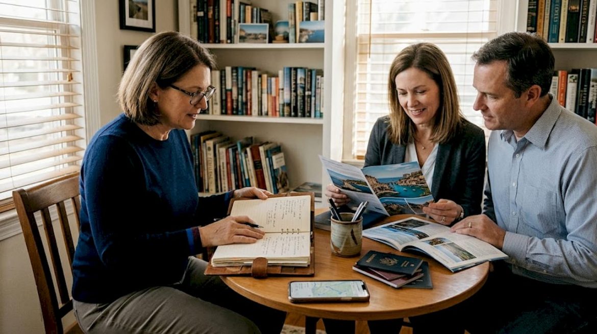 Travel advisor reviews itinerary with clients