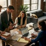 Group reviewing travel plans at living room table