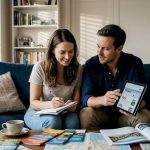 Couple planning luxury honeymoon in cozy living room