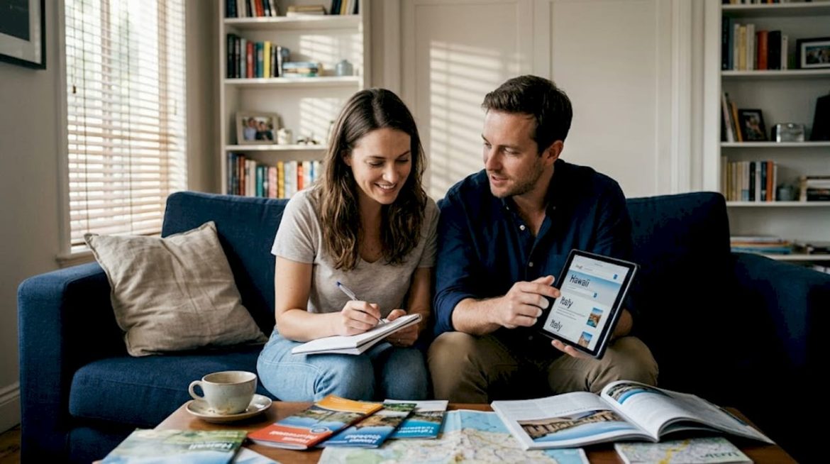 Couple planning luxury honeymoon in cozy living room