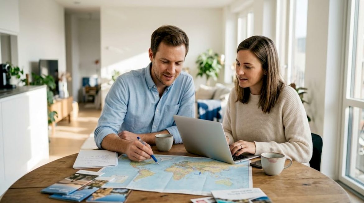 Couple planning honeymoon at kitchen table