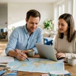 Couple planning honeymoon at kitchen table